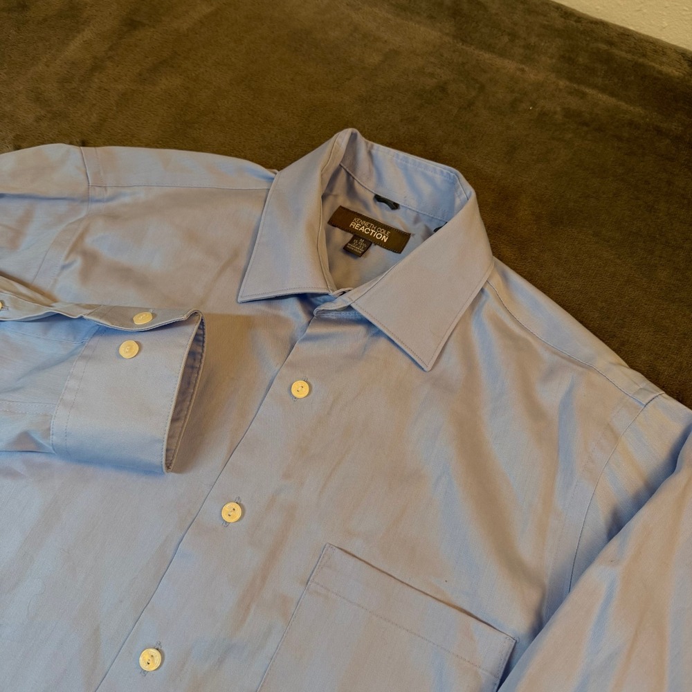 Kenneth Cole Reaction Dress Shirt Mens Medium Blue Regular Fit Non‎ Iron Cotton